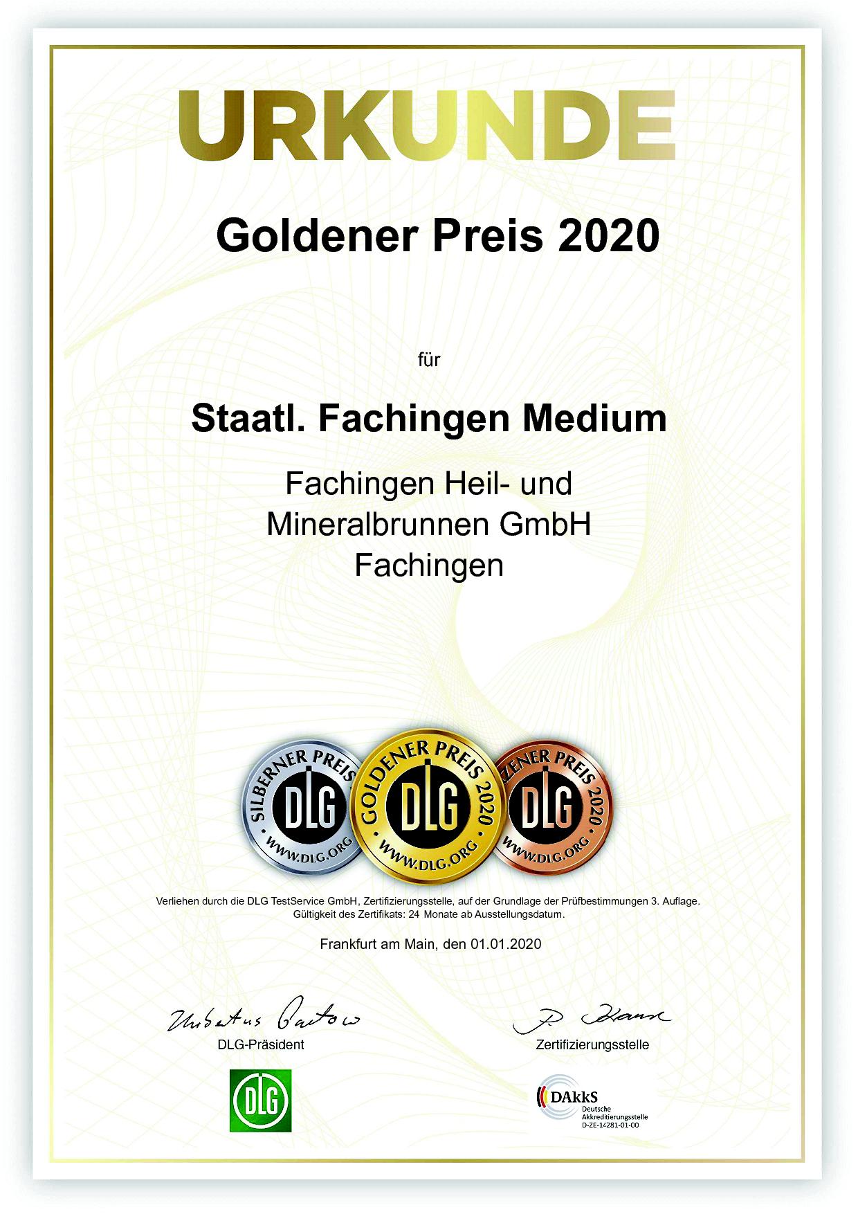 Staatl. Fachingen MEDIUM erneut mit dem Goldenen Preis der DLG ausgezeichnet