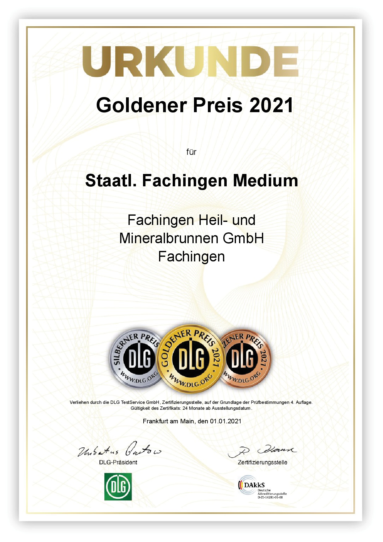 Staatl. Fachingen MEDIUM 2021 erneut mit dem Goldenen Preis der DLG ausgezeichnet